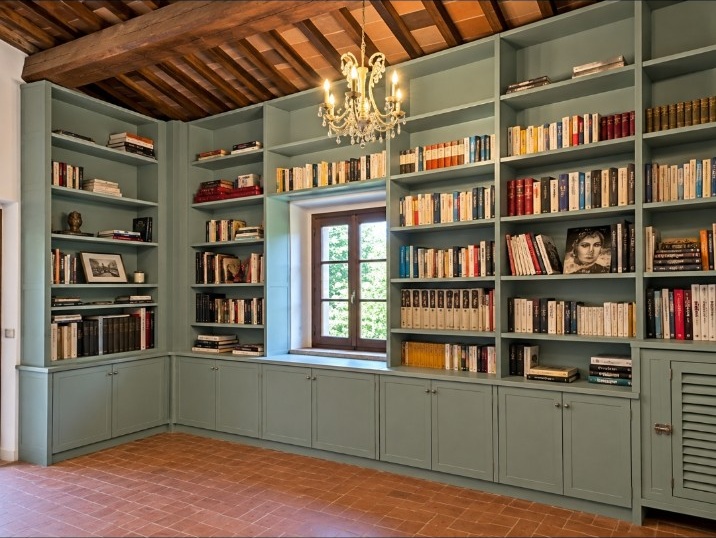 Bespoke fitted library with painted bookcases and cupboards in Umbria